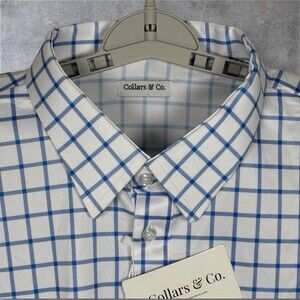 Collars & Co Dress Collar Polo Shirt Mens XL Blue White Windowpane Plaid Grid
